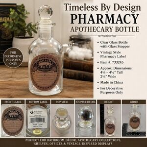 Timeless By Design Pharmacy Apothecary Bottle Clear Glass Vintage Style 733245